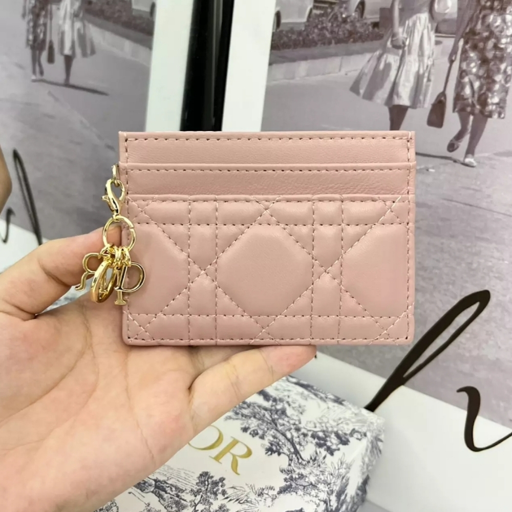 Dior Caro Freesia Card Holder.Powder Pink Supple Cannage Calfskin